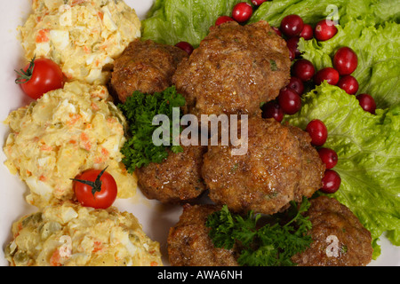 Geröstete Füllung aus Hackfleisch mit Kartoffelsalat Speisenschale auf einem Teller über dem Kopf Nahaufnahme niemand horizontales Hintergrundfoto in den USA USA Hi-res Stockfoto