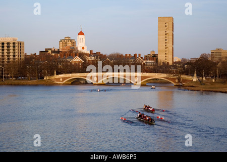 8 Mann-Doppelzweier auf den Charles River in Cambridge, Massachusetts, am späten Nachmittag Stockfoto