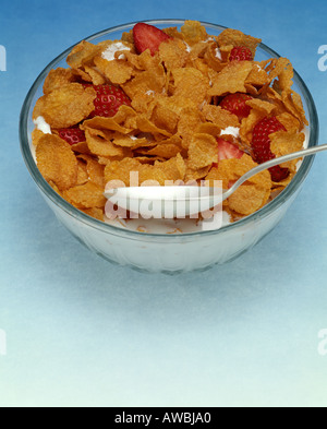 Müsli Schale Glas Himbeer Löffel Cornflakes Milch Küche Stockfoto