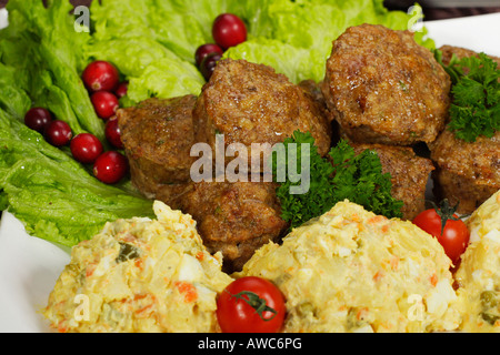 Geröstete Füllung aus Hackfleisch mit Kartoffelsalat in einem Teller Lebensmittelteller oben von der Nähe niemand waagerecht in den USA Hi-res Stockfoto
