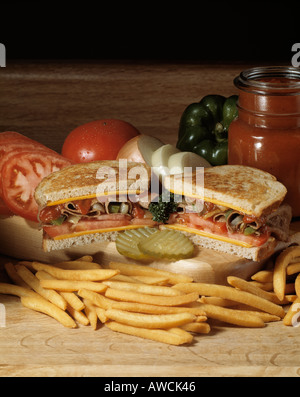 in Scheiben geschnitten Braten Rindfleisch Käse schmelzen Sandwich getoasteten Sandwiches Brot Tomaten Zwiebel Pickle Pommes frites Ketchup Tomatenketchup Stockfoto