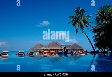 Pool und Beachbar auf maledivische Insel Malediven Indischer Ozean Medhufushi Meemu Atoll Stockfoto