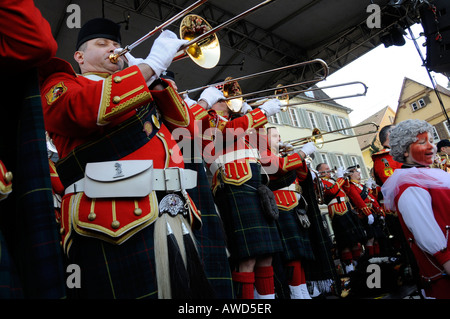 Schotte-Clique Basel Band, Prozession der Gugge Musiker, 25. Internationale Jahrestagung für Gugge Musik in Schwaebisch Gmue Stockfoto