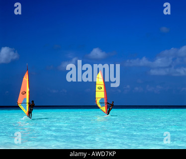 Windsurfer in einer Lagune, Malediven, Indischer Ozean Stockfoto