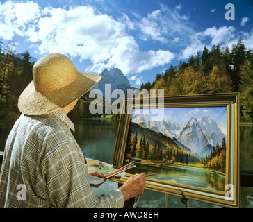 Landschaftsmaler im See Riessersee in der Nähe von Garmisch-Partenkirchen, Wettersteingebirge, Upper Bavaria, Bayern, Deutschland, Europa