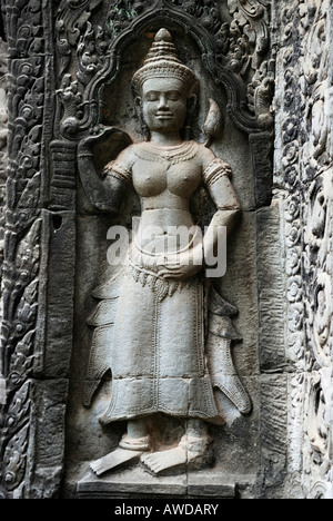 Relief von einem gottgleichen Apsara, Ta Prohm Tempel, Angkor, Kambodscha Stockfoto