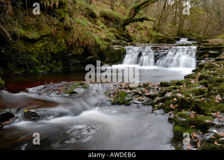 Wasserfall an einem Fluss in Neath Valley of South Wales Stockfoto