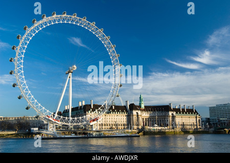 London Eye in dem südlichen Ufer der Themse Stockfoto