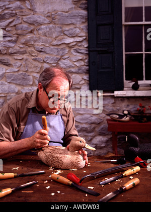 Senioren im Ruhestand Holzschnitzer Carving Holzente Lockvogel Meißel Werkzeuge Kopie Raum hobby Stockfoto