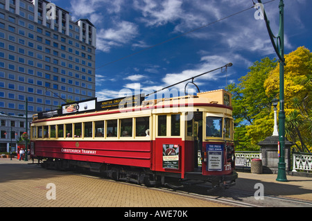 Eine restaurierte Oldtimer Straßenbahn in die Innenstadt von Christchurch, Neuseeland Stockfoto