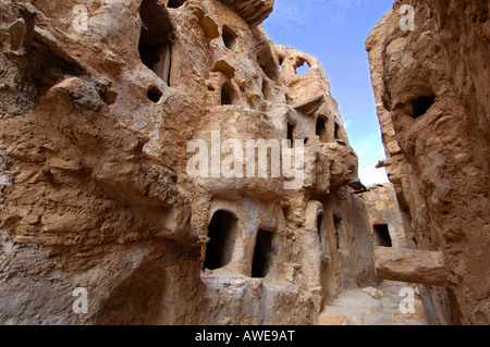 Lagerräume, Ghorfas in Berber grainary Nalut Libyen Stockfoto