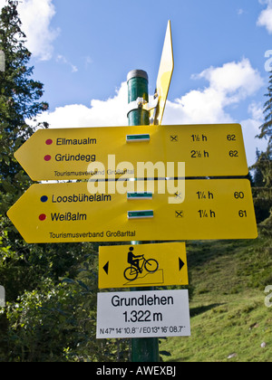 Hinweisschilder markieren verschiedene Wanderwege, Großarltal (Großarltal), Salzburg, Austria, Europe Stockfoto