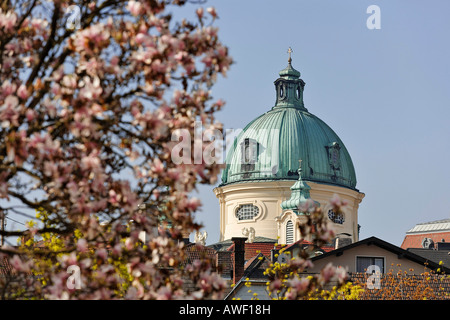 Im Vordergrund blüht Magnolie und die Kuppel der Margaretenkirche (St. Margaretenkirche), Berndorf, Triestingtal, Lowe Stockfoto