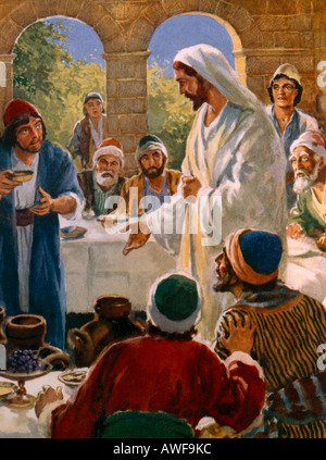 Jesus beim Hochzeitsfest in Kana von Galiläa, das erste Wunder der Umwandlung von Wasser in Wein, von Henry Coller Bibelgeschichte Stockfoto