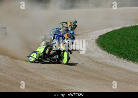 Motorrad Beiwagen, internationale Motorradrennen auf einem Feldweg Speedway in Muehldorf am Inn, Upper Bavaria, Bavaria, Germany Stockfoto