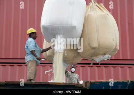 Dock Arbeiter laden Reis an John Fernandes-Umschlagplatz in Georgetown, Guyana, Südamerika Stockfoto