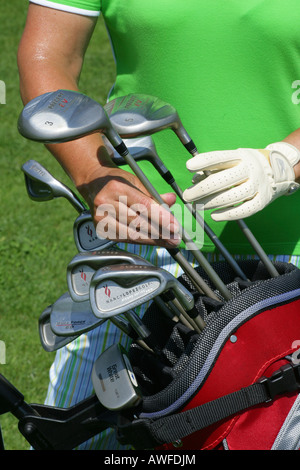Golfschläger im Golf Bag, Upper Bavaria, Bavaria, Germany, Europe Stockfoto