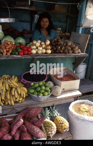 Belize, ehemaliges britisches Honduras, Karibisches Meer, Wasser, Panamerikanisch, Tropen, Corozal, Einheimische, Frauen, Frauen, Produkte, Obst, Gemüse, Gemüse, Lebensmittel, Vendo Stockfoto