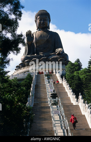 Hong Kong, Big Buddha und Po Lin Monastery Besucher klettern der steilen Stein Stufen hinauf auf den riesigen Big Buddha-statue Stockfoto