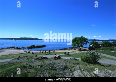 Norwegen, Oslo, Bygdoy, Besucher am entferntesten Punkt des Hukodden mit Panoramablick über inneren Oslofjord Stockfoto