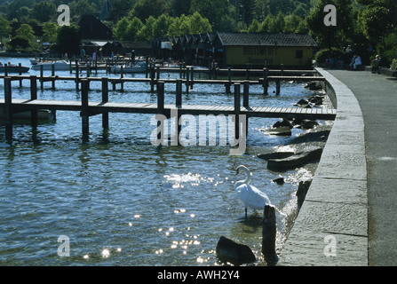 Deutschland, Oberbayern (Süd), Starnberg, hölzerne Stege und Sonnenlicht glitzerte auf Wasser des Starnberger See Stockfoto