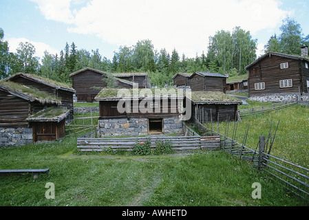 Norwegen, Ost-Norwegen, Lillehammer, Mailhaugen, De Sandvigske Samlinger, hölzerne Häuser, teilweise mit Rasen Dächer Stockfoto
