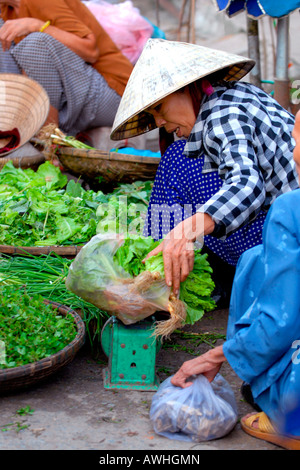 Asien Fernost Vietnam , Hoi an Market , Straße Szene von alten Dame in konischen Hut nicht bai tho , Verkauf von frischem Spinat , grünes Gemüse & Kräuter Stockfoto