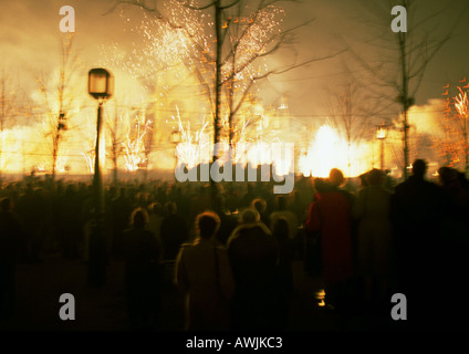 Frankreich, Paris, Leute zu beobachten Feuerwerk in der Nacht, unscharf Stockfoto