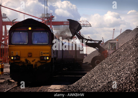 EINE MECHANISCHE DIGGER LÄDT IMPORTKOHLE AUF BAHN-LKW BEI AVONMOUTH DOCKS UK Stockfoto