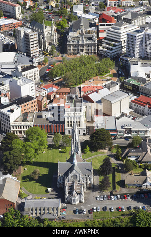 Erste Kirche unten und St Pauls Cathedral und kommunalen Chambers The Octagon Dunedin Neuseeland Südinsel Antenne Stockfoto