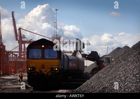 EINE MECHANISCHE DIGGER LÄDT IMPORTKOHLE AUF BAHN-LKW BEI AVONMOUTH DOCKS UK Stockfoto