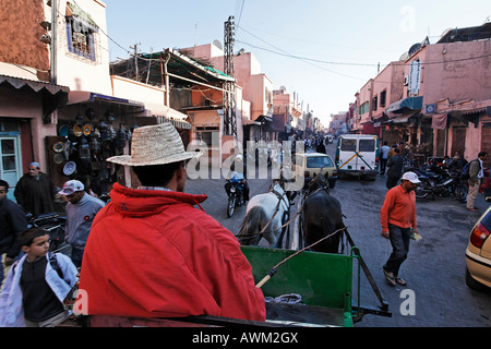 Blick von einem Kutschenkasten auf eine belebte Straße im historischen Medina-Viertel, Marrakesch, Marokko, Afrika Stockfoto