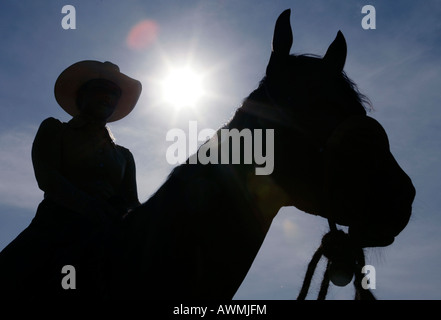 Silhouette eines Pferdes mit Reiter mit Cowboy-Hut vor der grellen Sonne Stockfoto