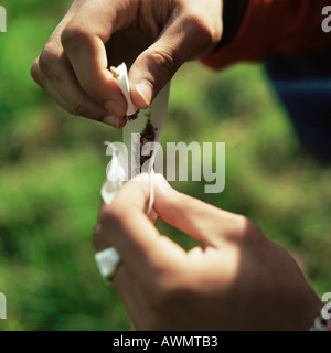 Junger Mann Hände Rollen eine Zigarette draußen, Nahaufnahme. Stockfoto