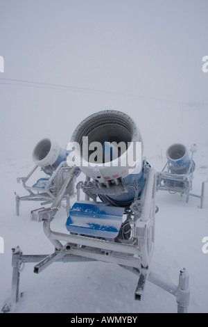 Schneekanone im Nebel, Strbske Pleso, Slowakei, Europa Stockfoto