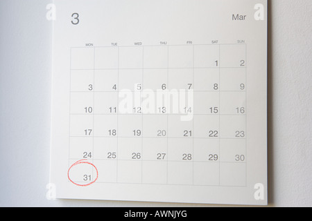 Eingekreiste Zahl einunddreißig in einem Kalender Stockfoto