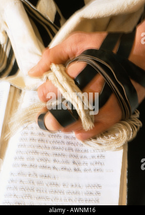 Nahaufnahme eines jüdischen Mannes Hand, tragen Tefillin mit Thora Stockfoto