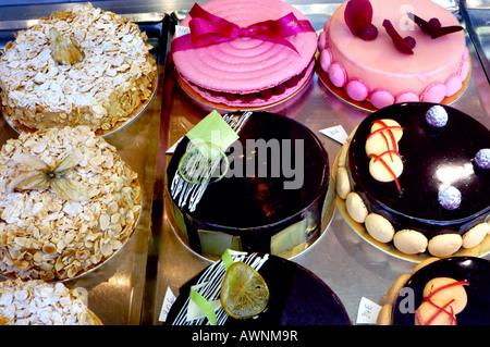 French Food, France Shopping Bakery Store French Cakes 'Gaulupeau' Patisserie Gebäck Display, Desserts Stockfoto