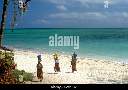 Einheimische Frauen tragen Eimer Sand auf dem Kopf am Strand von Nungwi, Nord-Westküste der Insel Sansibar, Tansania Stockfoto