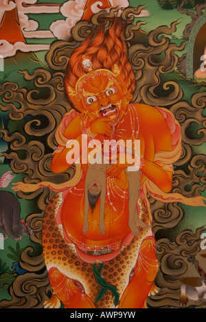 Malen eines grausamen Dämonen in einem Kloster in der Stupa Bodnath, Kathmandu, Nepal, Asien Stockfoto