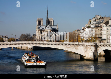 Boot auf der Seine und Notre Dame, Paris, Frankreich, Europa Stockfoto