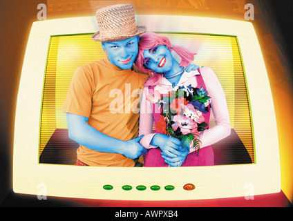 Paar aus der TV-Bildschirm, digital composite Stockfoto