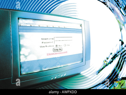 Computer im Cyberspace, "LOG IN" Meldung auf dem Bildschirm, digital Composite. Stockfoto