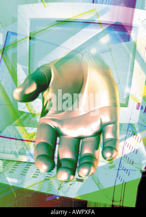 Hand, Handfläche nach oben, aus Computer-Bildschirm, digital Composite. Stockfoto