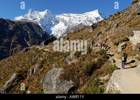 Wandergruppe am Bhote Koshi Tal vor Kongde Ri (6187), Sagarmatha Nationalpark, Khumbu, Nepal Stockfoto