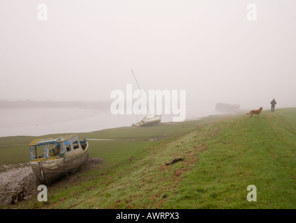 Unheimliche nebligen schlammigen Ufer Szene mit Mann zu Fuß seinen elsässischen Hund in der Nähe von Boote am schlammigen Ufer Velator Braunton Pille Devon UK Stockfoto