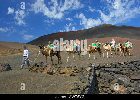 TIMANFAYA LANZAROTE Kamel Zug trek Trekking mit Touristen im Nationalpark Timanfaya Lanzarote Kanarische Inseln Spanien Stockfoto