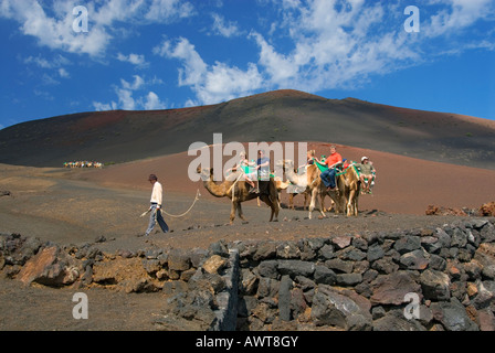 TIMANFAYA LANZAROTE Kameltrekking trek Zug mit Touristen im Nationalpark Timanfaya Lanzarote Kanarische Inseln Spanien Stockfoto