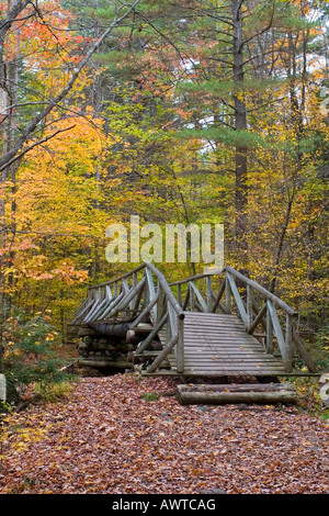 Alte Holzbrücke im Herbst, Adirondack Mountains, New York, Vereinigte Staaten Stockfoto