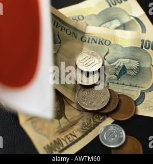 Japanische Papiergeld und Münzen Stockfoto